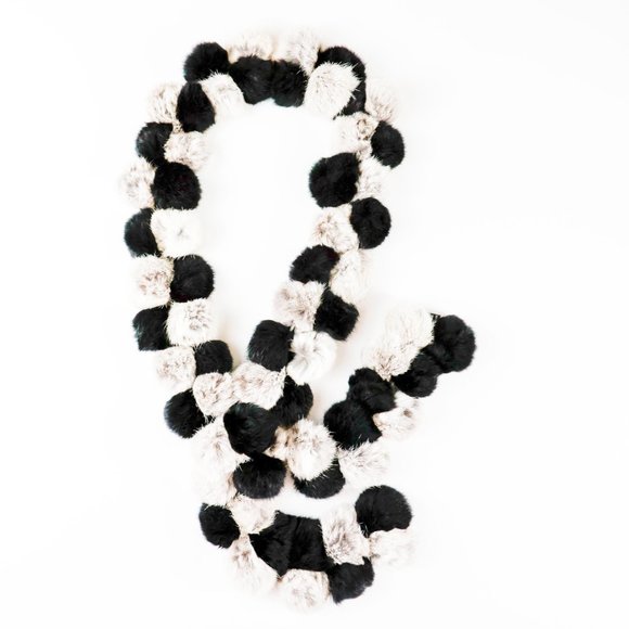 Cejon Genuine Rabbit Fur Pom Pom Scarf Black/Beige - Picture 2 of 4